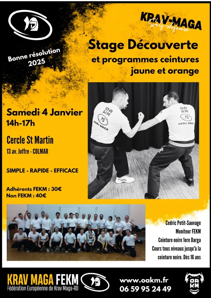 OAKM Krav-maga : Stage découverte & programme ceintures jaune & orange (FEKM)