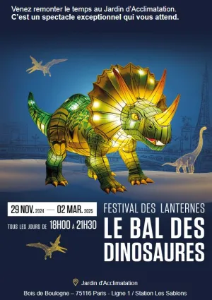 Admirez le Tricératops illuminé lors du Bal des Dinosaures au Jardin d'Acclimatation