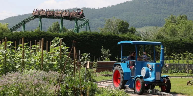 Les tracteurs d'Hansi avec vue sur le Train de la Mine