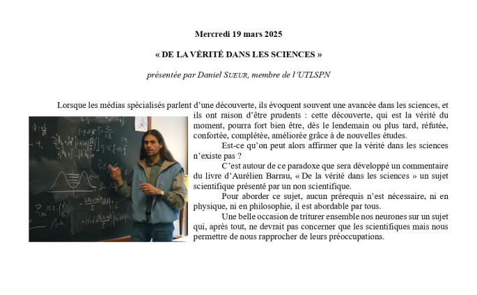 Conférence UTL : « DE LA VÉRITÉ DANS LES SCIENCES »