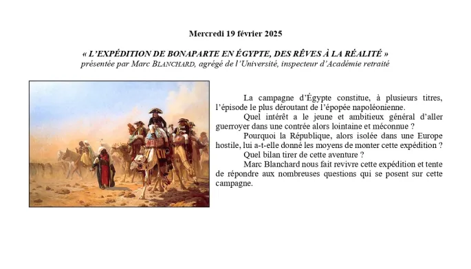 Conférence UTL : « L’EXPÉDITION DE BONAPARTE EN ÉGYPTE, DES RÊVES À LA RÉALITÉ »