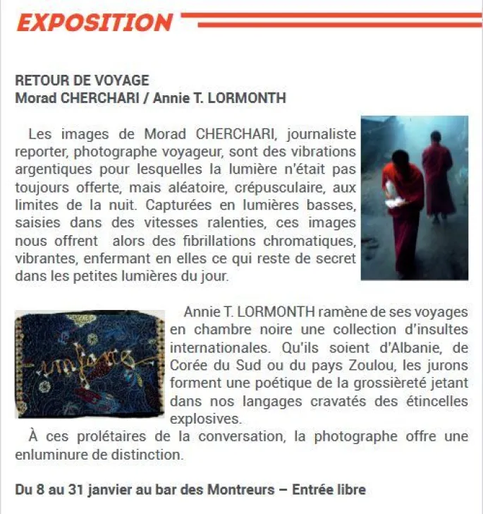 Exposition : Retour de voyage - Morad CHERCHARI / Annie T. LORMONTH