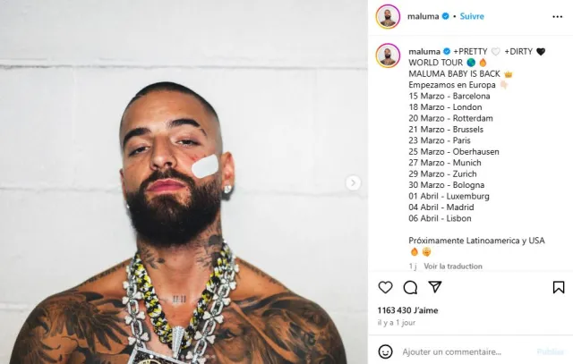 Capture d'écran de l'annonce de Maluma sur ses réseaux sociaux