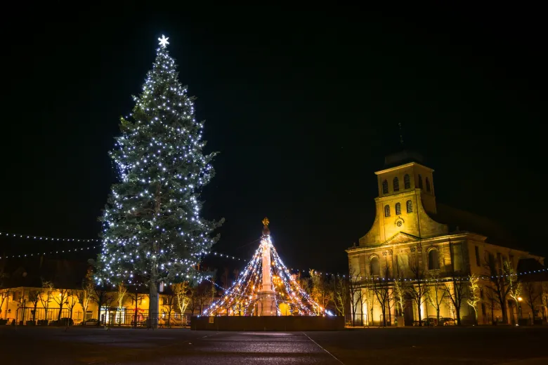 La Place de la Mairie avec son grand sapin illuminé !