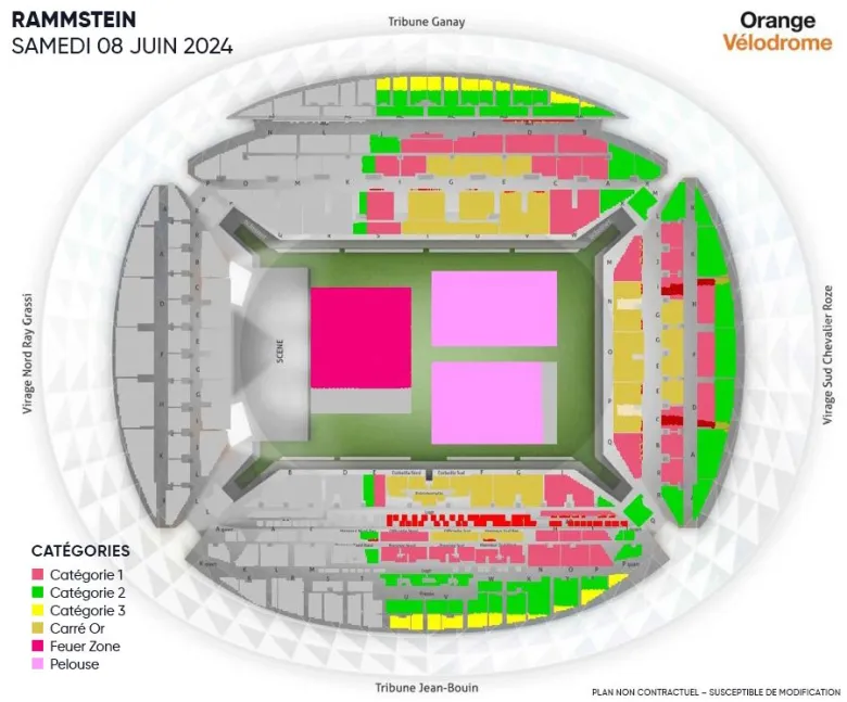 Le plan de l'Orange Velodrome et les types de places pour le concert de Rammstein en 2024