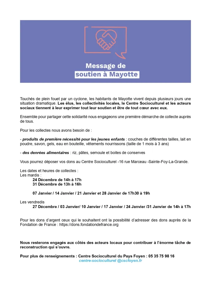 Soutien à Mayotte organisé par le Centre Socioculturel du Pays Foyen